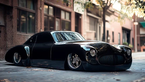 Low-slung black custom coupe glides through soft urban daylight