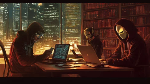 Masked computer users in hoodies at night workspace.