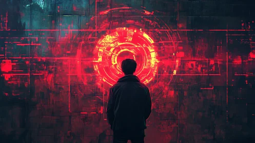 Lone figure facing red digital target interface wall.