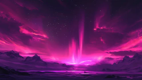 Synthetic aurora above polar mountain range is rendered