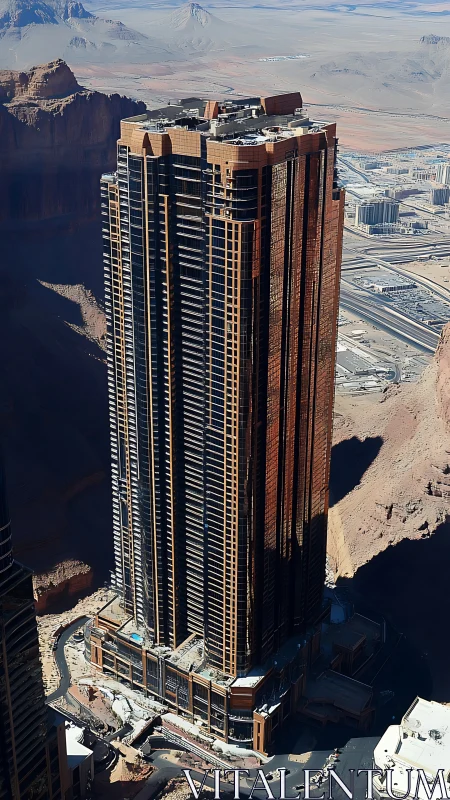 High-rise Residential Tower Aerial Perspective: Urban Vertical Architecture Above Desert Terrain