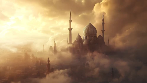 Golden sunrise bathes a misty palace city in soft light