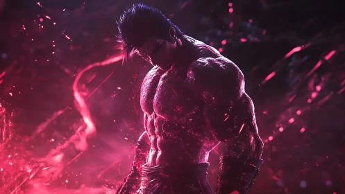 Brooding warrior wrapped in glowing crimson energy storm.