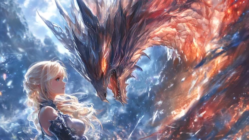 Fantasy sorceress confronting blazing celestial dragon.