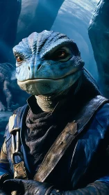 Stoic blue lizard adventurer in a glowing cavern world.