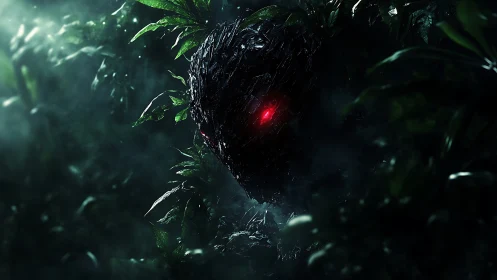 Cybernetic predator skull with red optics in dense jungle fog
