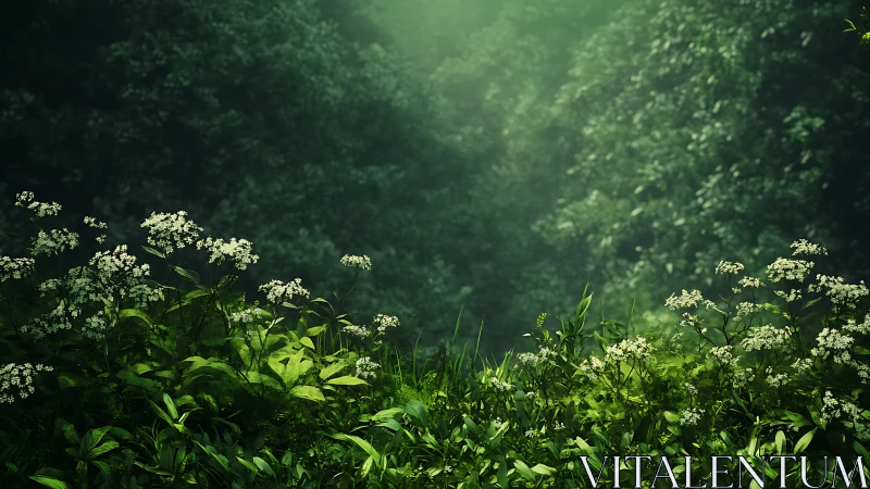 Dense forest undergrowth with white flowers blooming beneath canopy
