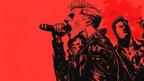 Scarlet stage roar with ink-slashed punk rock shadows.