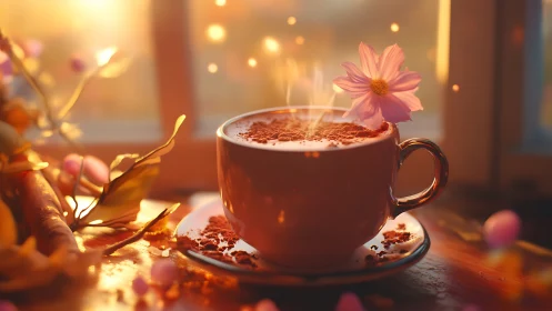 Steam-kissed cocoa cup quietly trades secrets with sunrise