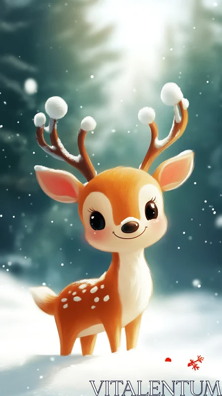 Cute baby deer stands in glowing snowy winter forest