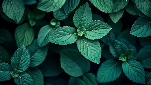 Close-up top view of dense green mint leaves cluster.