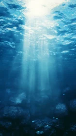 Gentle sunbeams drifting through a deep blue seafloor.