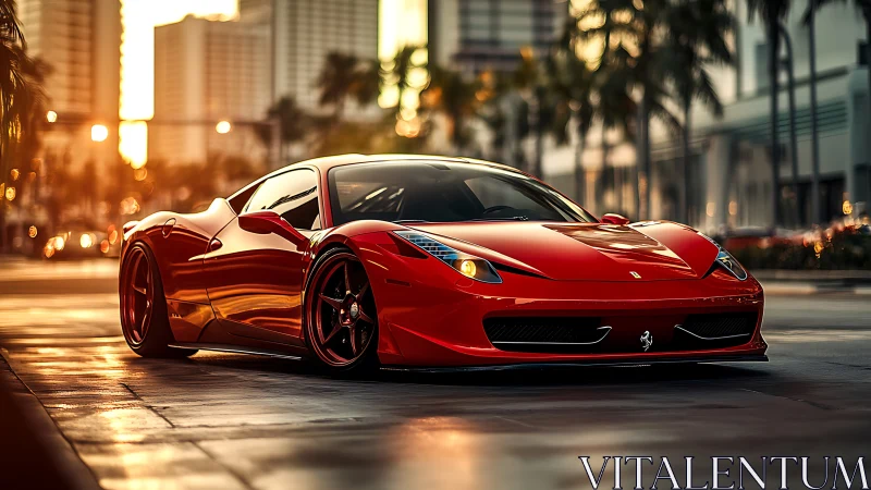Red supercar glows under golden city sunset reflections.