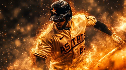 Dynamic digital painting of baseball batter in fiery motion blur.