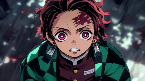 Determined hero with fierce eyes in a storm of falling leaves.