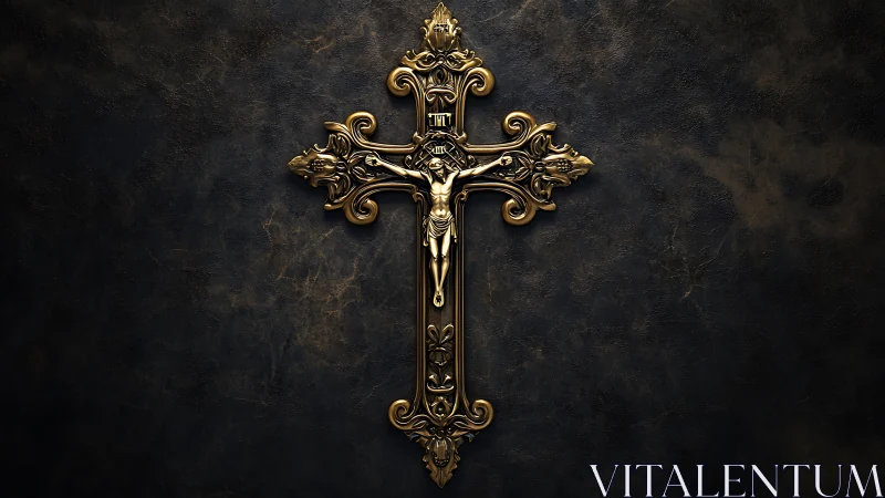 Ornate metallic crucifix on dark textured background.