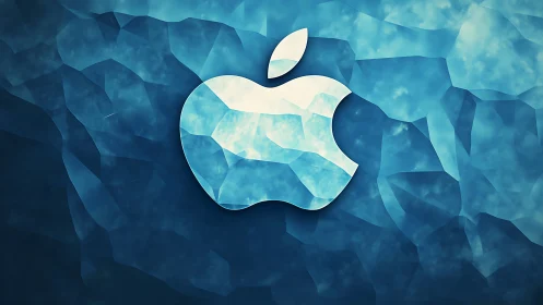 Polygonal apple-shaped logo on blue textured background.