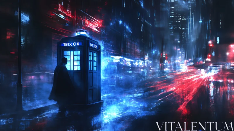 Time portal phone box glows over neon cyberpunk street
