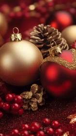 Golden ornaments and pinecones glow in festive red light.