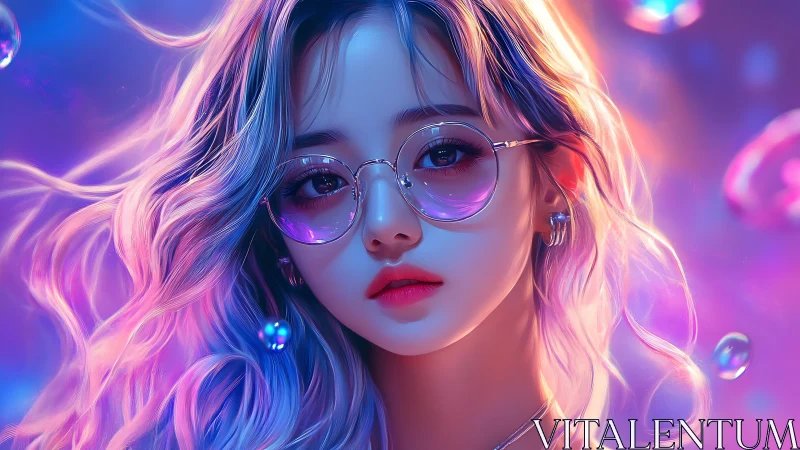 Neon-lit digital portrait girl with glasses and pastel hair.