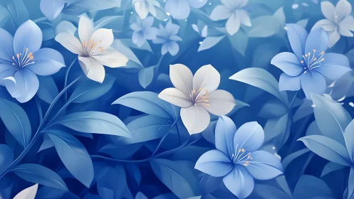 Blue and white botanical flowers rendered in soft digital illustration
