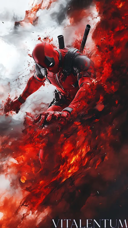 Red-suited antihero diving through swirling firestorm.