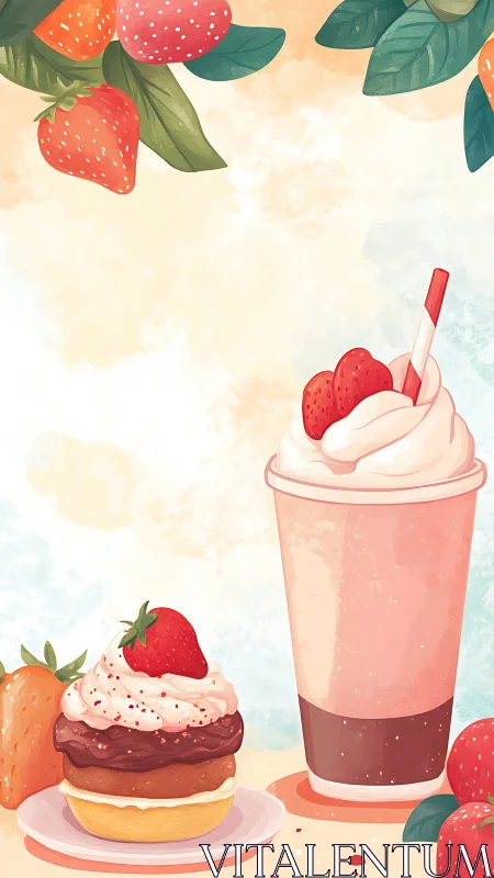 Strawberry dessert illustration with milkshake and cupcake focus.