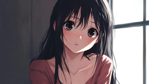 Soft daylight anime portrait of shy brunette girl by window