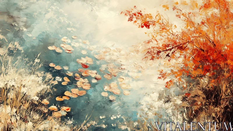 Autumn foliage and floating leaves over calm blue water.