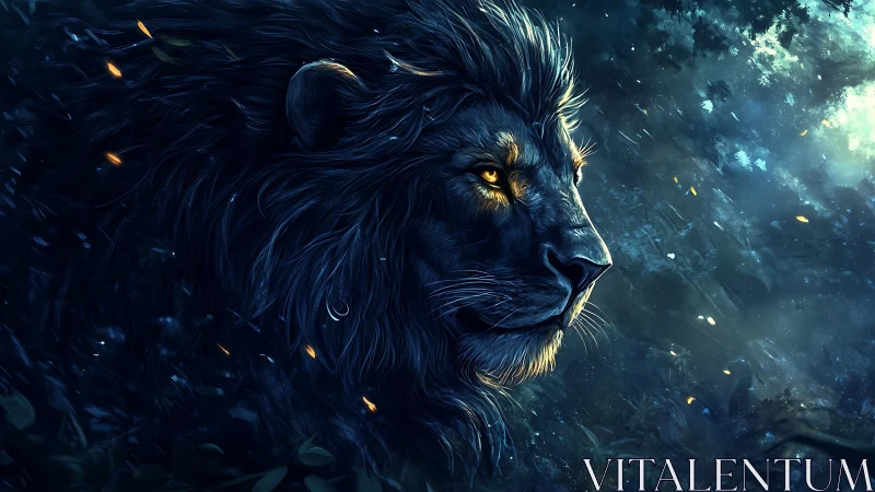 Side profile digital illustration of lion in blue forest.