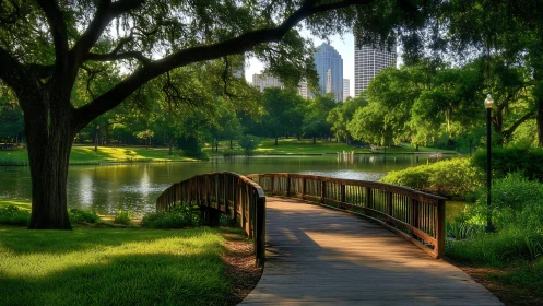 Curved wooden park bridge leads calmly toward a sunlit city