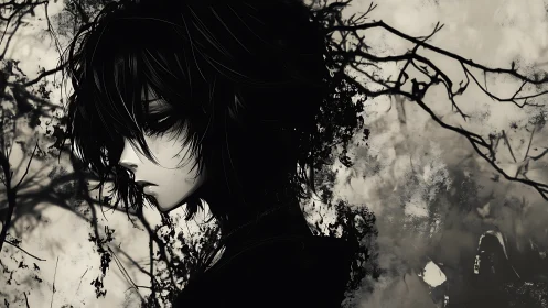 Somber anime figure in monochrome forest setting.