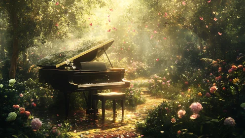 Grand piano on woodland path under dappled golden sunlight