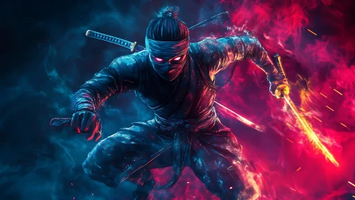 Hooded ninja with glowing sword amid blue and red smoke.