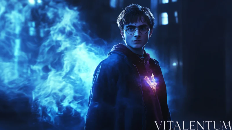 Young wizard in blue aura with glowing chest emblem.