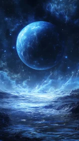 Distant blue planet above reflective ocean surface at night.