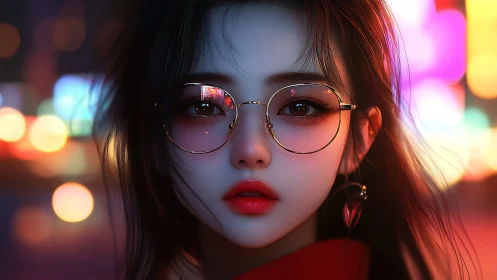Neon city portrait with reflective glasses and soft bokeh.