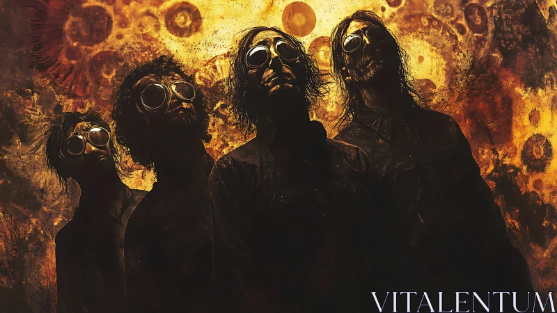 Goggled silhouettes confront a blazing industrial apocalypse.