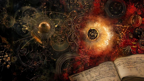 Esoteric astronomical diagram with luminous orreries and alchemical script