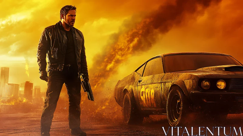 Armed man stands beside sports car in smoke filled cityscape