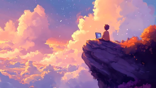 Cloud-ledge coder bathing in sherbet sunset skies.