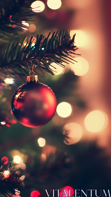 Red glass bauble on fir branch with warm defocused bokeh lights
