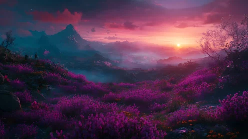 Luminous magenta valley under cinematic neon sunset glow.