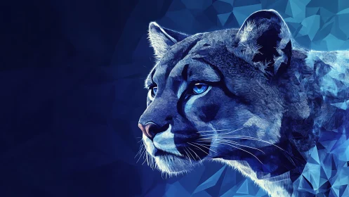 Digital Cougar Portrait in Neon Blue Geometric Abstraction.
