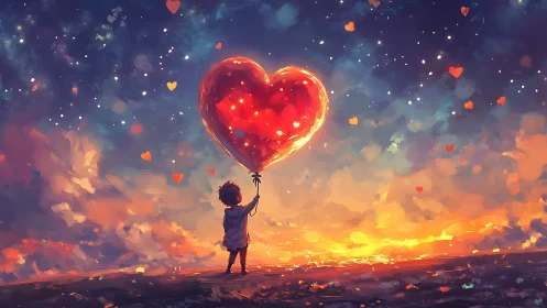 Luminous Heart Balloon Ascension: Digital Fantasy Composition.