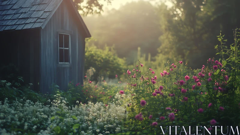 Golden Hour Garden: Cottage with Blooming Perennials.