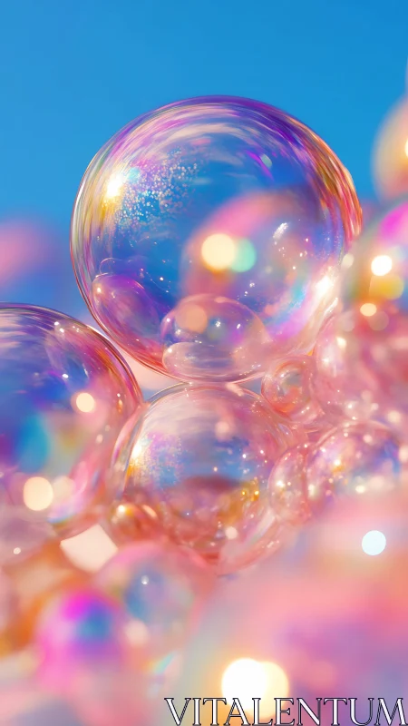 Iridescent soap bubbles are rendered against a blue background