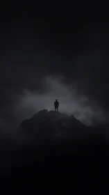 Lone dreamer standing on a misty peak under dark skies.