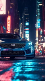 Low-angle render of Cadillac sports sedan in neon-lit rainy street