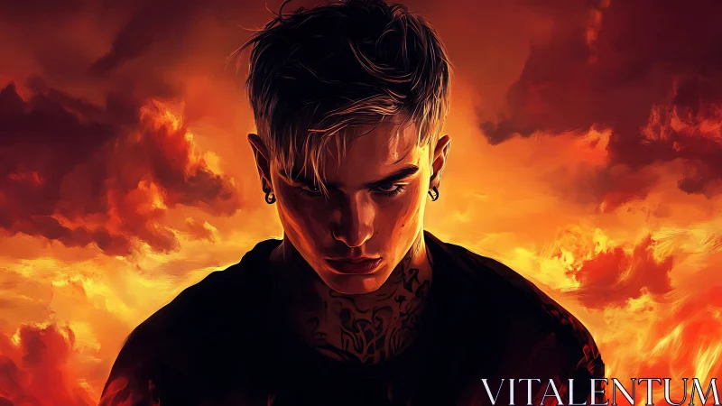 Brooding tattooed figure against intense fiery sky backdrop.